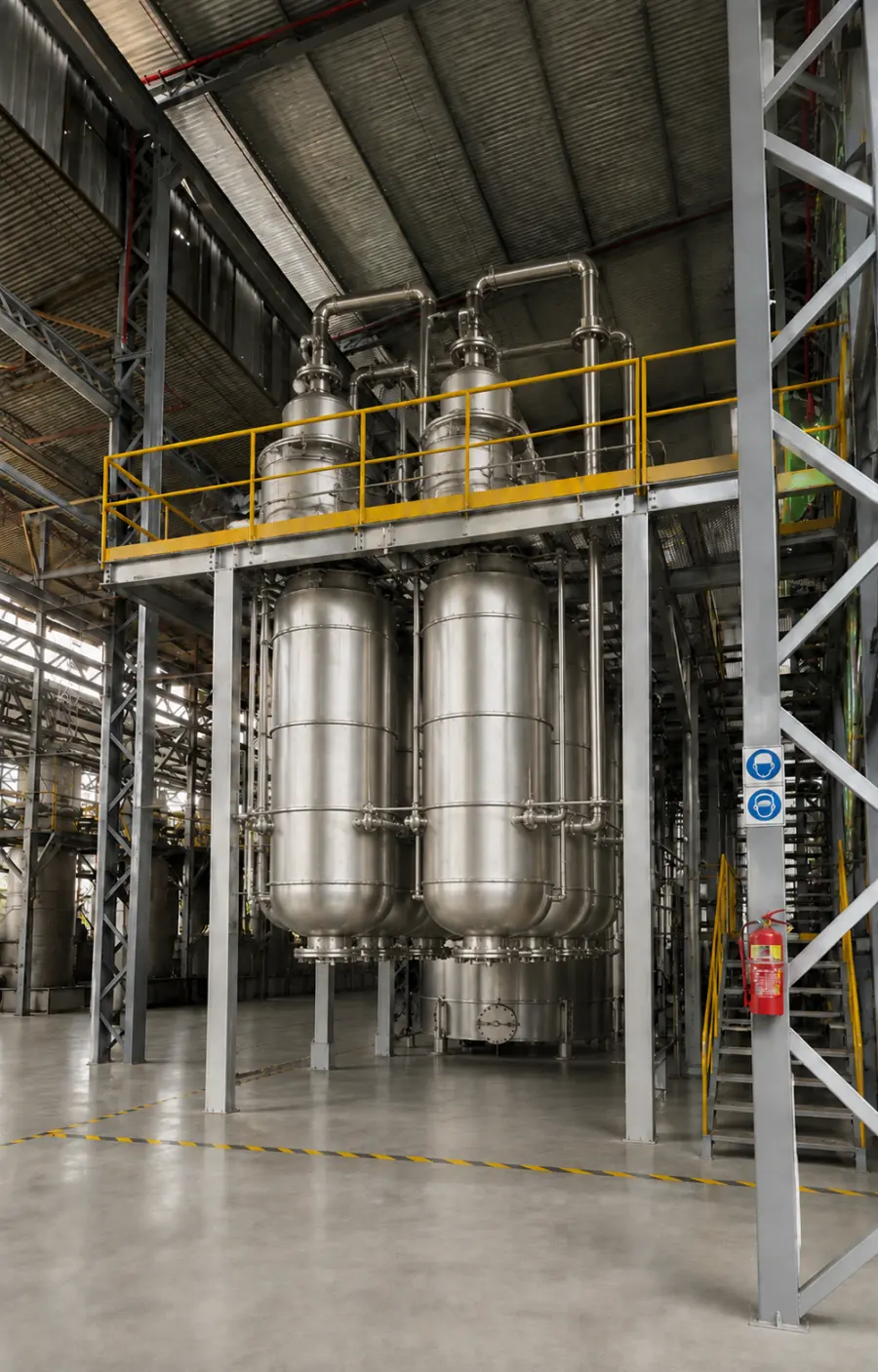 Reactores y tanques de acero inoxidable en planta de tratamiento