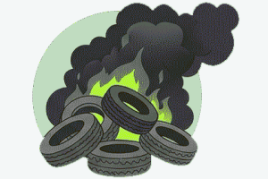 Ilustración de neumáticos ardiendo, generando una densa columna de humo negro