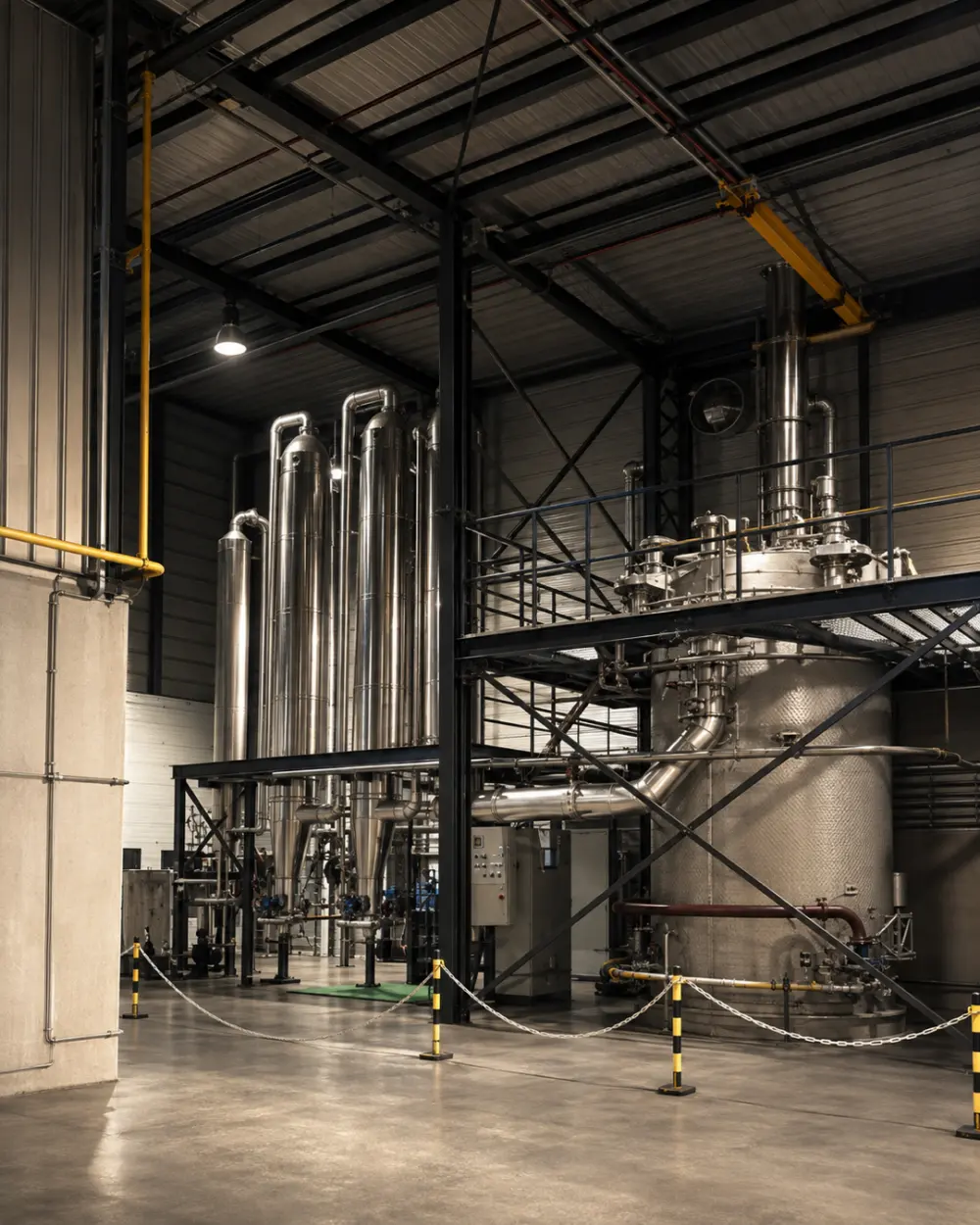 Planta de proceso con columnas de destilación y reactores de acero inoxidable